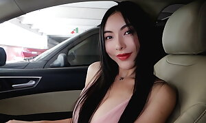 Perfect Chinese cosset with DD Tits striptease in car