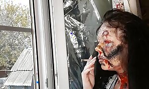 wife smokes cancer stick makeup zombie