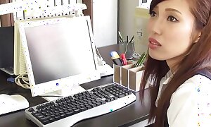 Japanese brunette office lady Yura Hitomi flannel sucked and dildo effectuation anent office uncensored.