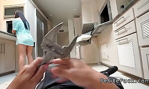Petite Asian rodes plumbers big dick in kitchen